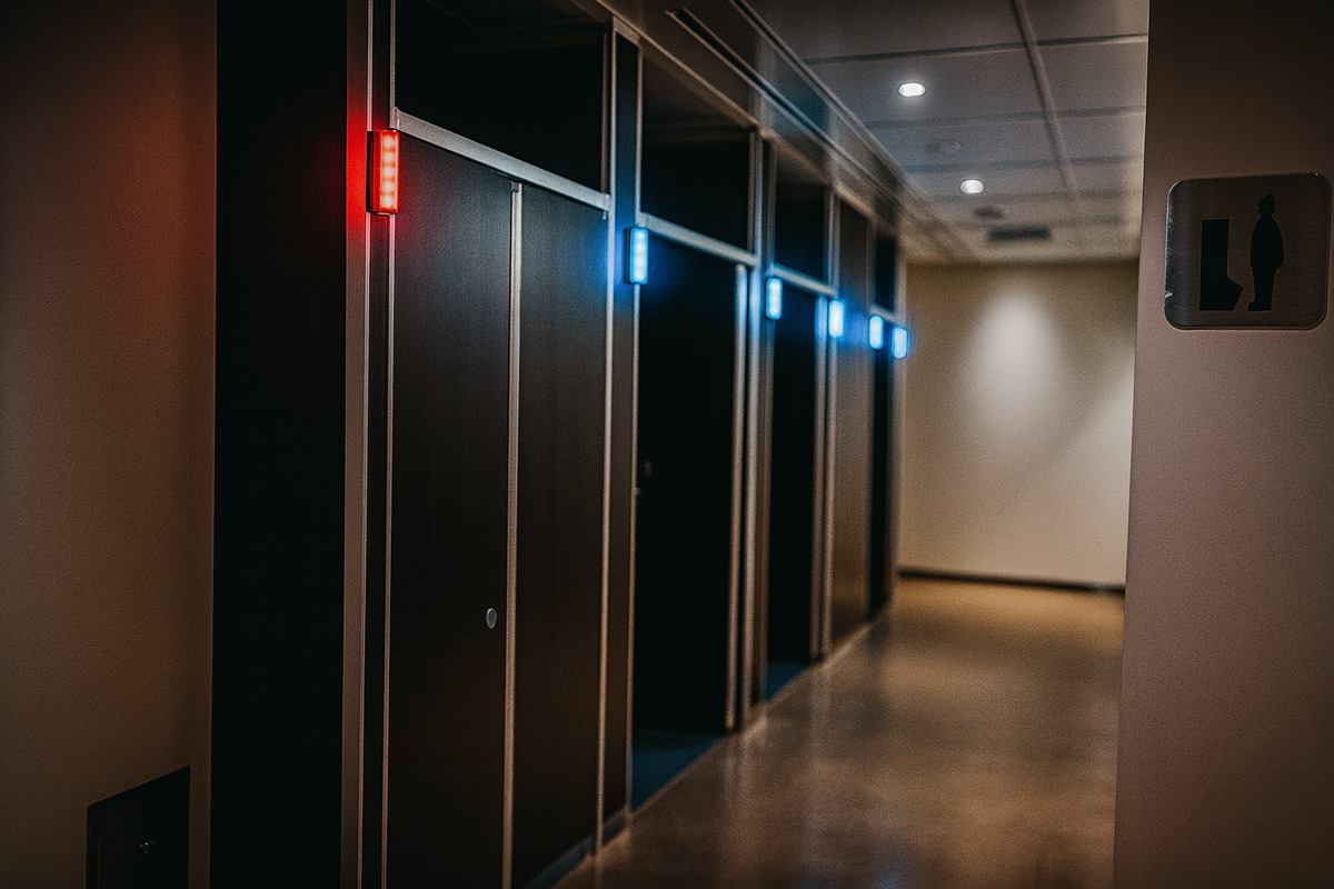 海老名サービスエリア(下り)のトイレに設置されたハーツエンタープライズ株式会社の満空表示ランプ