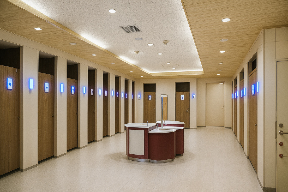 静岡SAに設置されたハーツエンタープライズ株式会社のトイレ満空表示ランプと洗面スペース