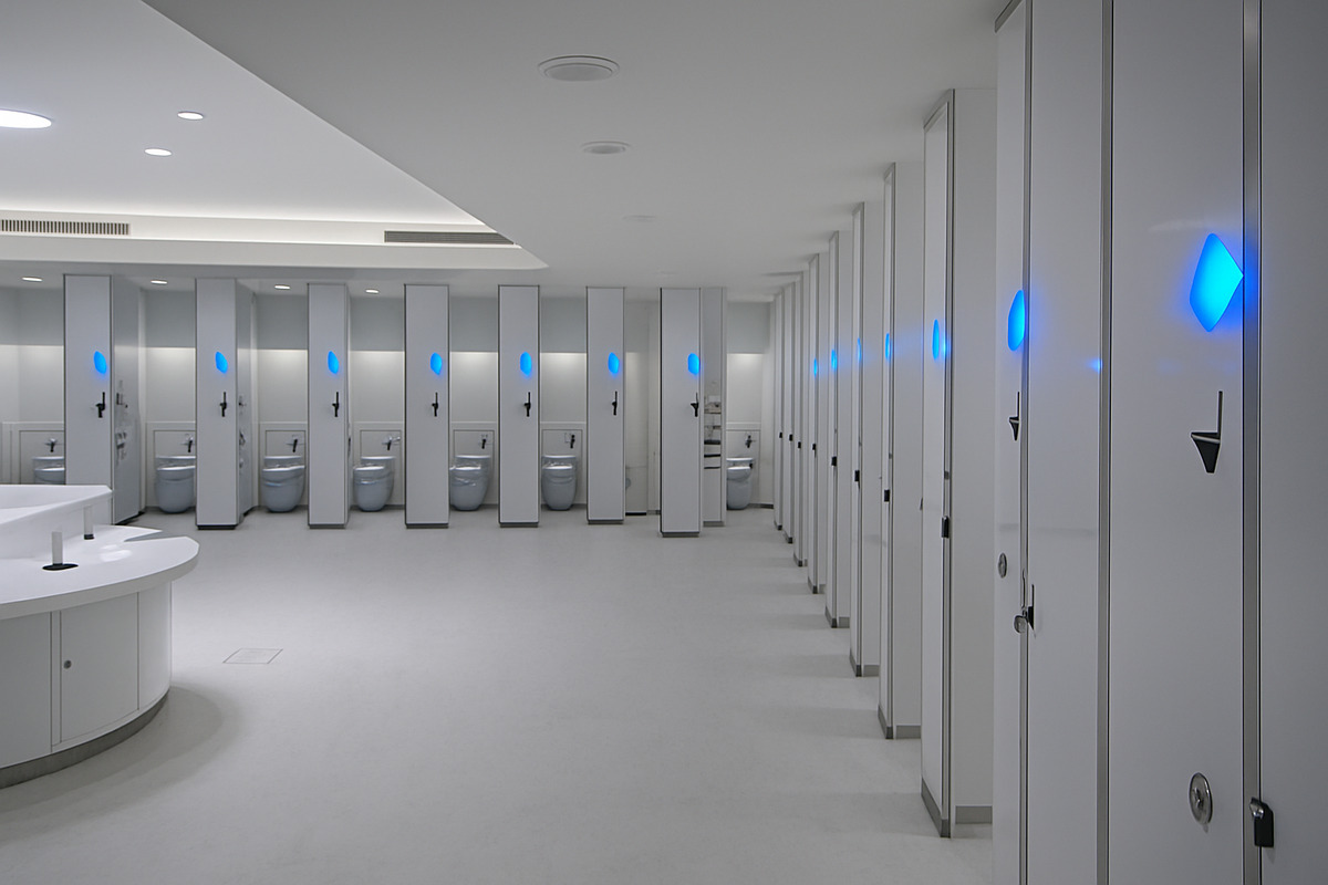 駿河湾沼津サービスエリアの近未来的なトイレ空間に設置されたハーツエンタープライズ株式会社の満空表示システム